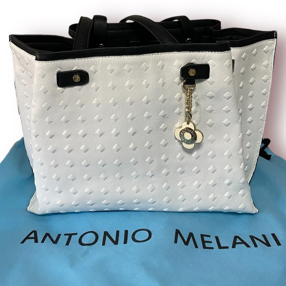 ANTONIO MELANI Diamond Embossed White Black Leather Tote Bag NEW